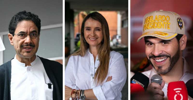 Iván Cepeda, de esquerda (esq.), e Abelardo de la Espriella, de direita (dir.), são os candidatos favoritos para a Presidência da Colômbia, segundo as pesquisas. E a candidatura de Paloma Valencia (centro), partidária do ex-presidente Álvaro Uribe, ganhou força nas eleições legislativas de 8 de març