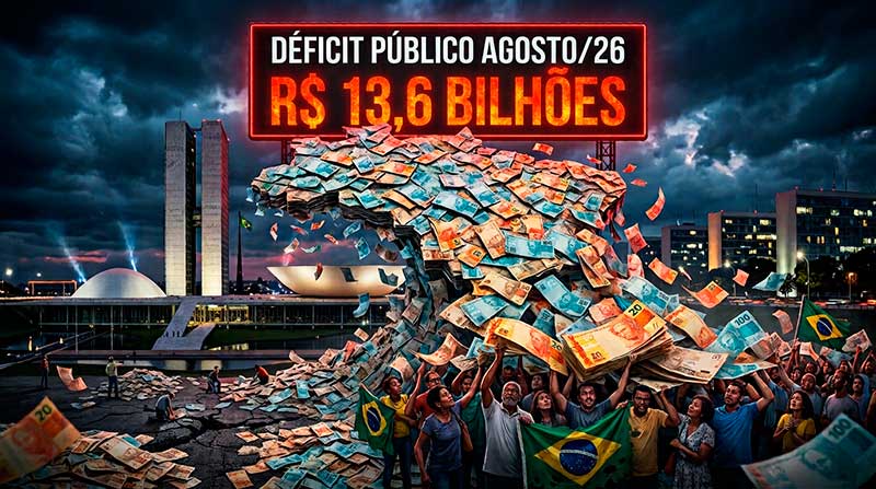 R$ 13,6 bilhões (Tesouro Nacional): É o resultado do déficit primário do Governo Central (Tesouro Nacional, Banco Central e Previdência) em agosto de 2026 (no valor exato de R$ 13,585 bilhões).