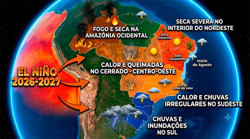 Fenômeno confirmado em junho de 2026 com probabilidade superior a 90% de permanência até início de 2027, com desvios de temperatura do mar acima de 2,0°C e repercussões diferenciadas por região e setor produtivo.