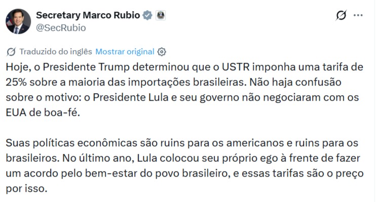 Marco Rúbio no X em PT-BRE