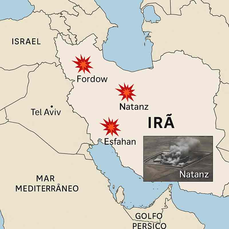 Mapa mostra os locais dos ataques aéreos dos Estados Unidos contra as instalações nucleares do Irã — Fordow, Natanz e Esfahan. As explosões indicam os alvos atingidos, enquanto a imagem de satélite destaca a destruição na instalação de Natanz.